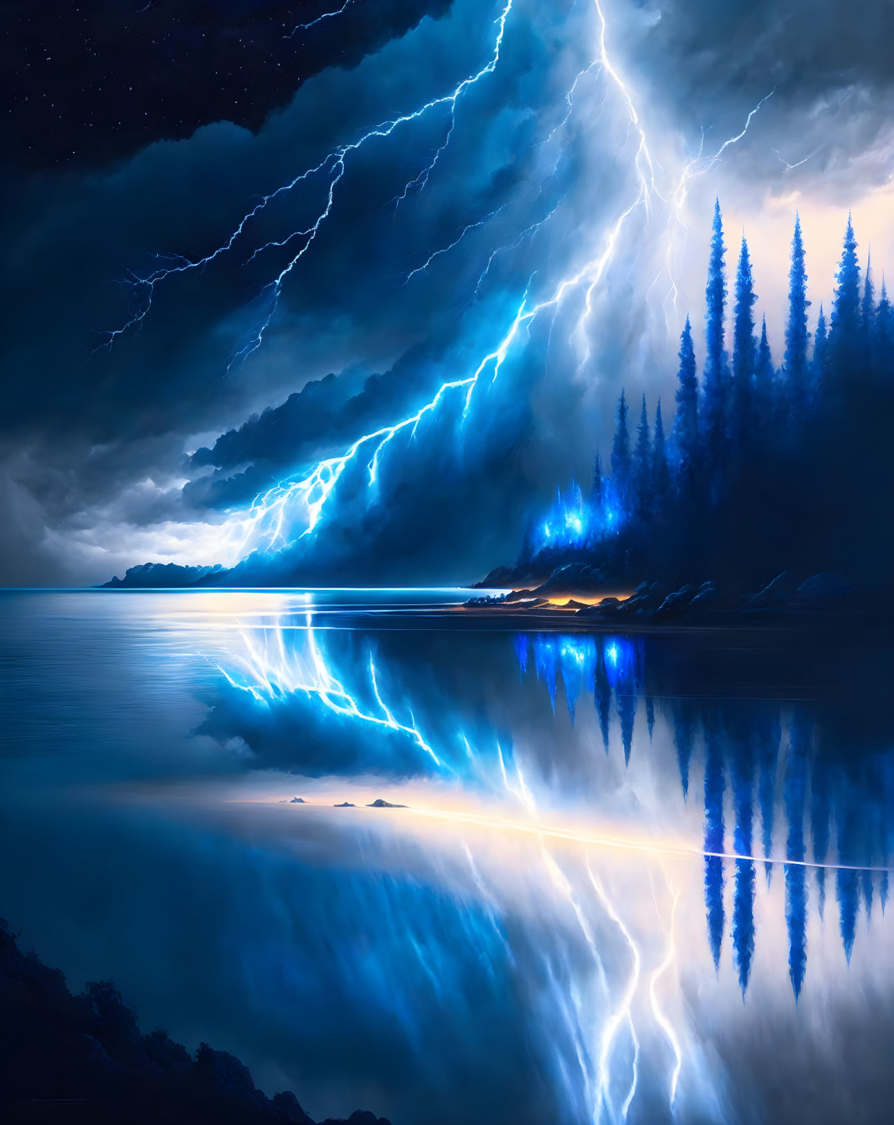 Lightning over calm sea 