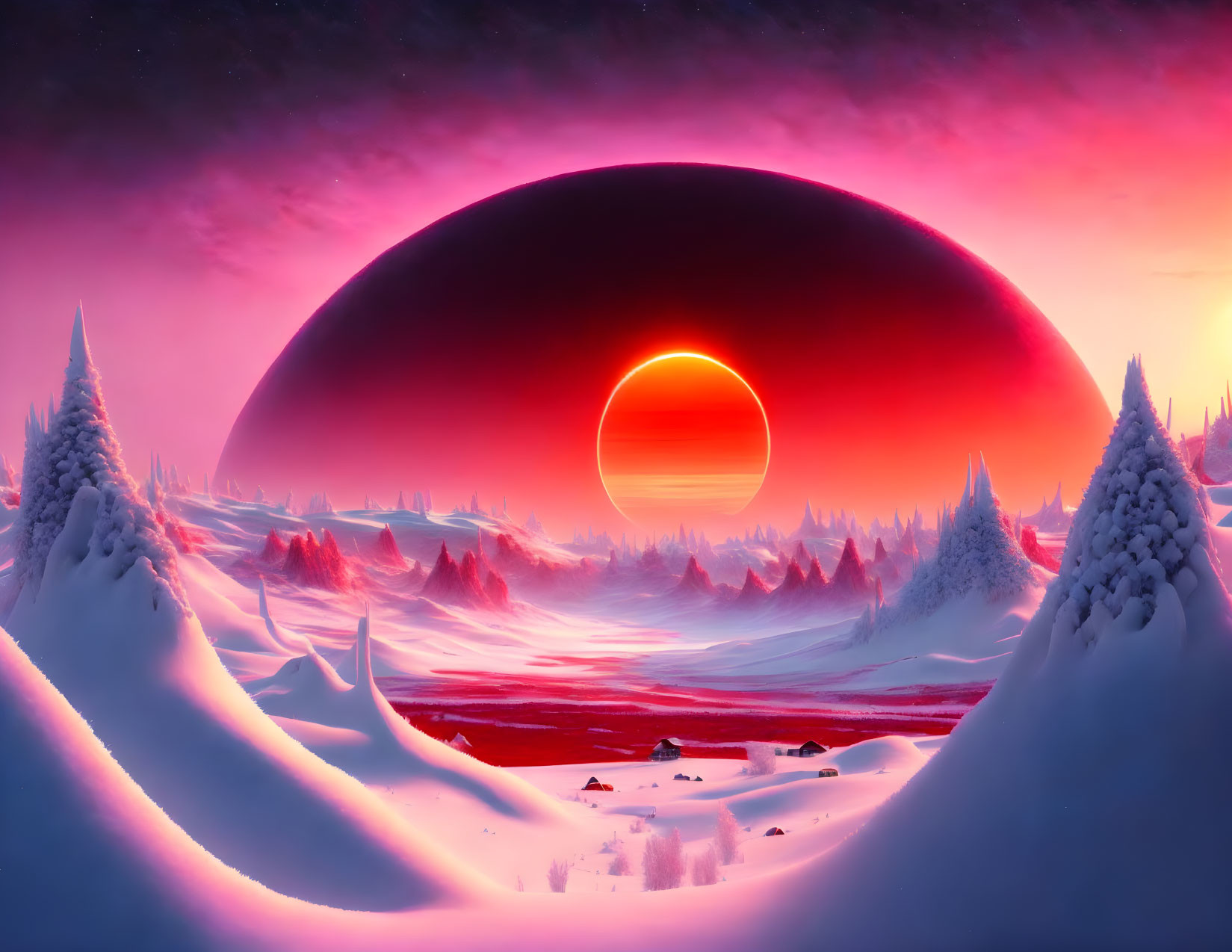 Alien Winter Landscape under a Red Dwarf