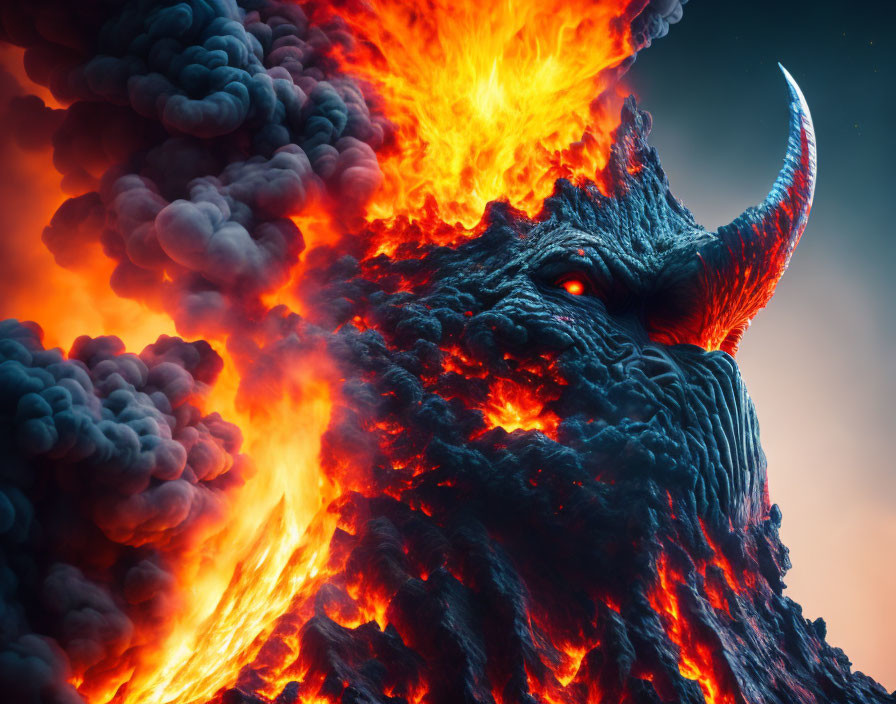 Fiery lava-like beast with glowing eyes and horn in dark, billowing smoke