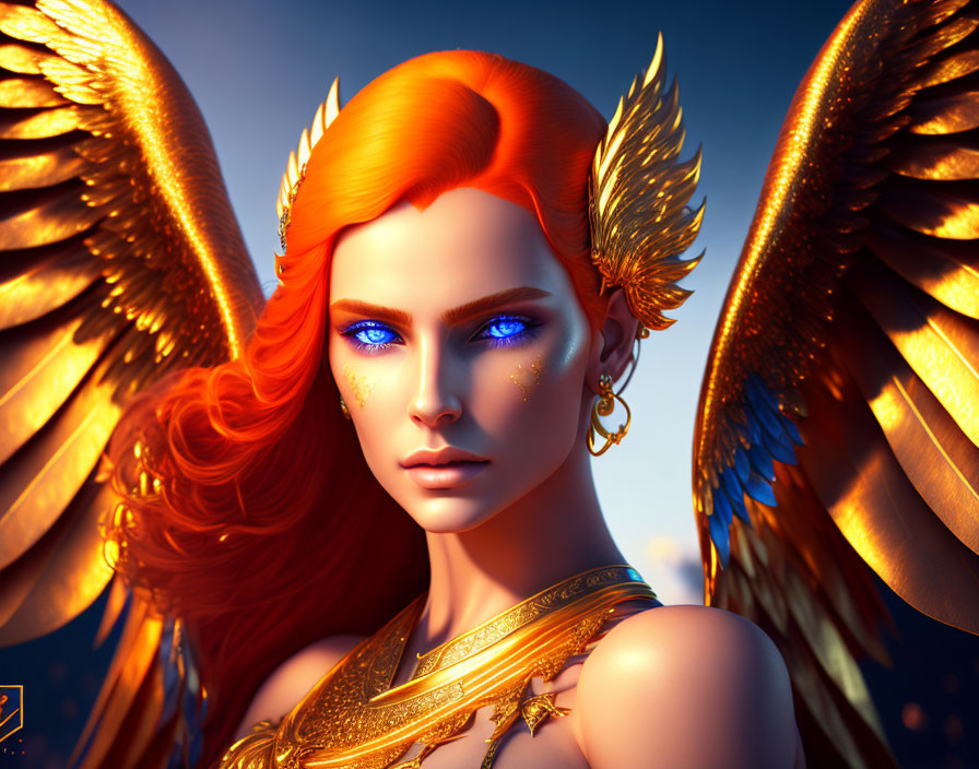 Digital artwork featuring woman with golden eagle wings, fiery red hair, blue eyes, and ornate jewelry