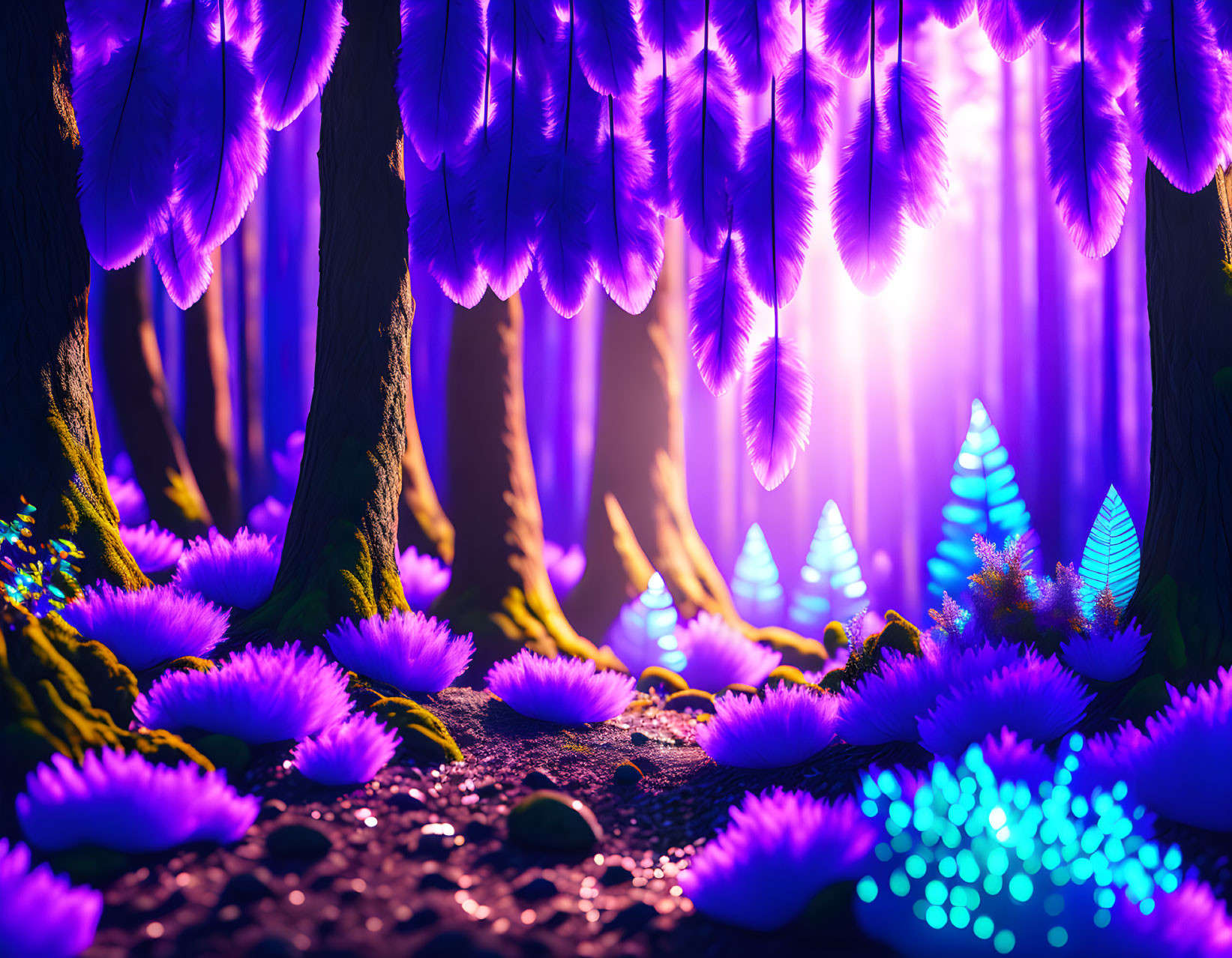 Vibrant neon-lit fantasy forest with purple foliage and glowing plants