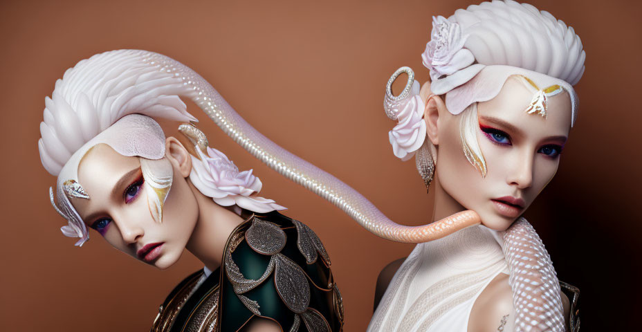 Elaborate fantasy makeup and hairstyles on individuals with mythical creature-inspired looks