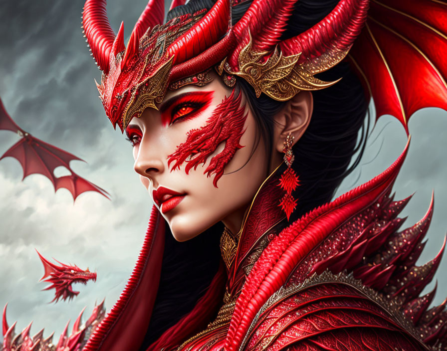 Fantasy-themed artwork of a woman in red dragon armor and headdress