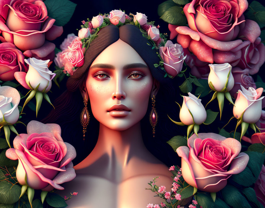 Digital artwork: Woman with floral crown and vibrant roses on dark background