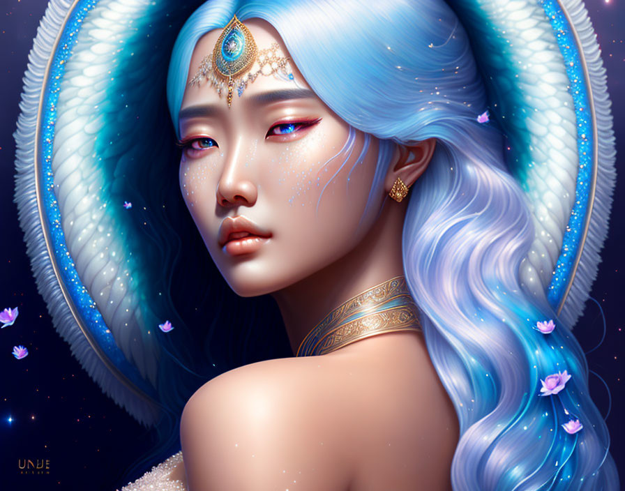 Fantasy digital artwork: Blue-haired woman with butterflies on starry backdrop