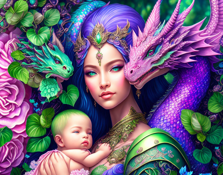 Illustration of woman with blue-purple hair holding baby, surrounded by dragons and flowers