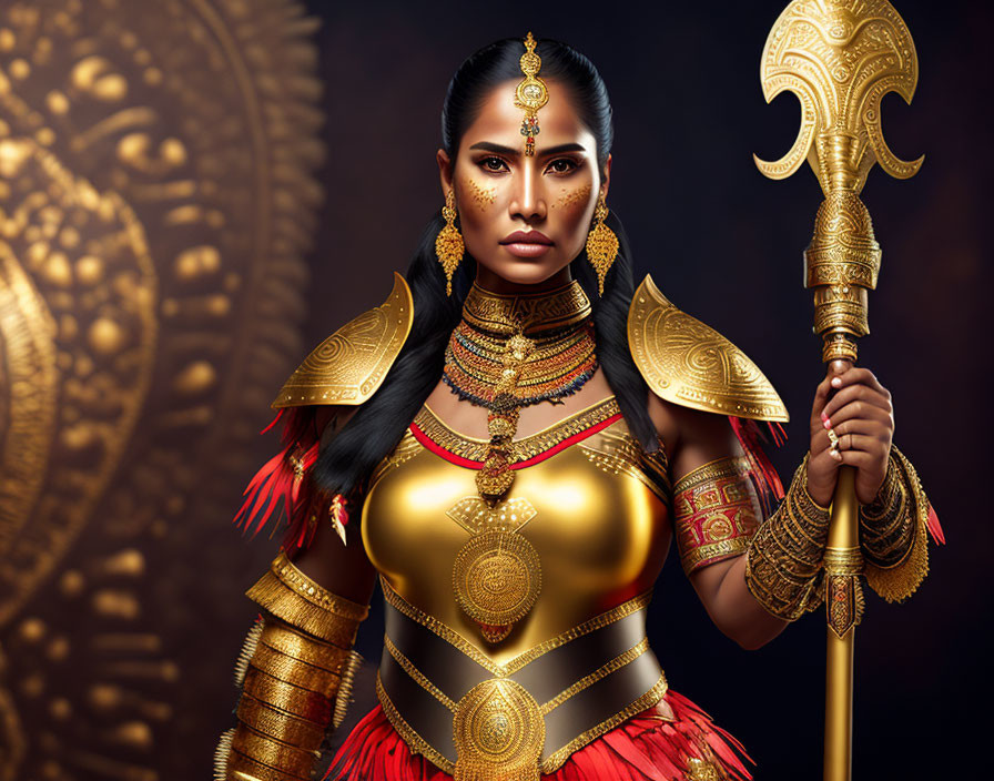 Golden armored woman with spear in intricate backdrop