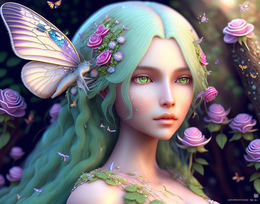 Fantasy image: Woman with green hair, butterfly wings, flowers, roses, and orbs