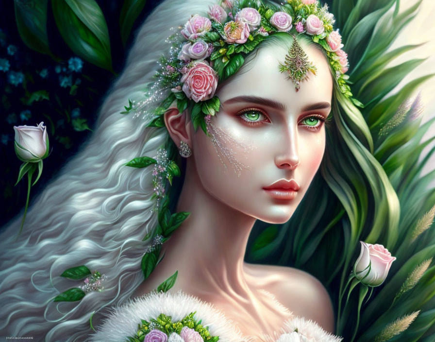 Fantasy portrait of woman with floral crown and wavy white hair