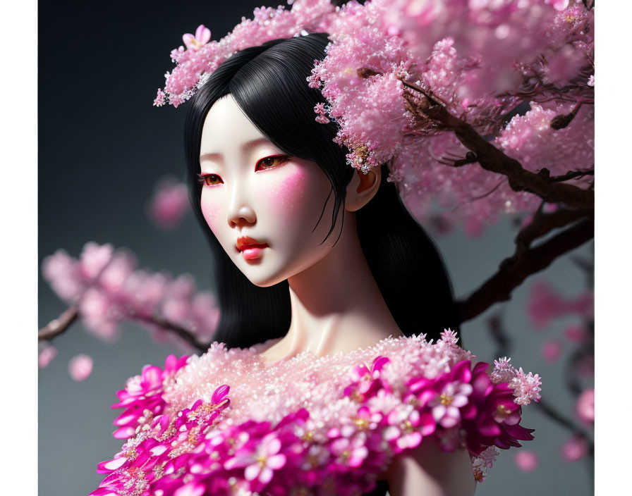 Digital artwork of a woman with pale skin and black hair surrounded by cherry blossoms on a pink backdrop
