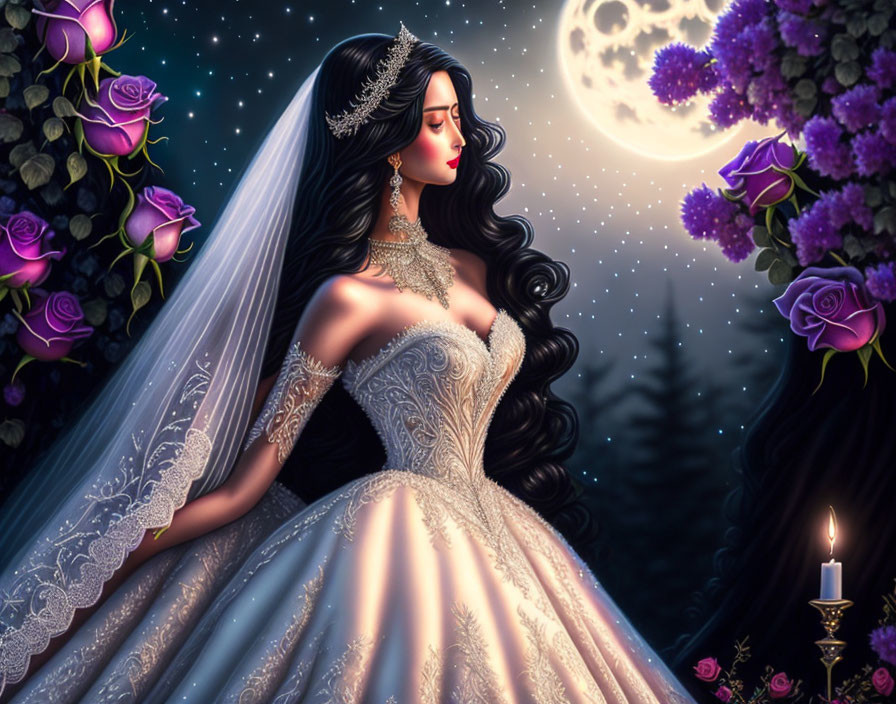 Bride in lavish gown with long black hair in moonlit garden