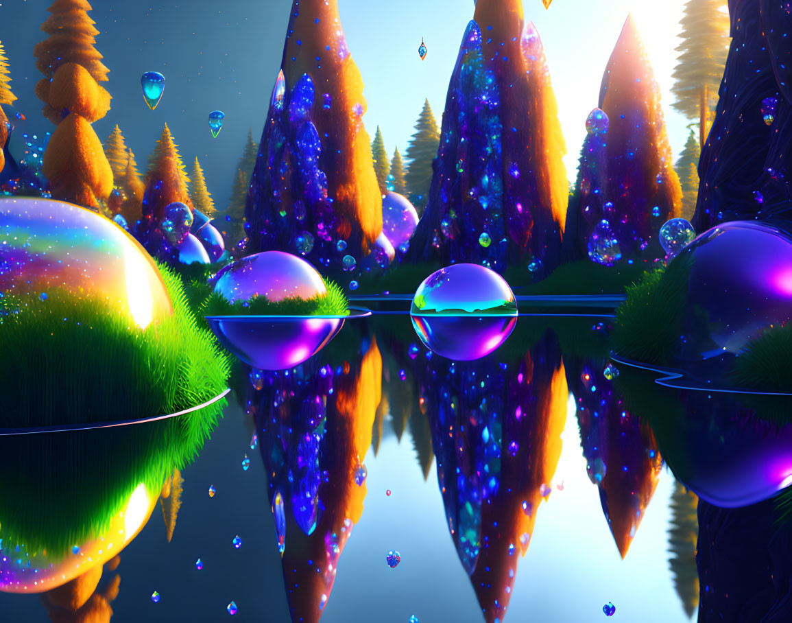 Colorful Digital Landscape with Reflective Orbs and Glowing Trees