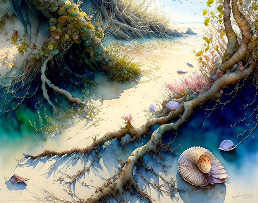 Detailed illustration of serene beach with plant roots, seashells, calm ocean