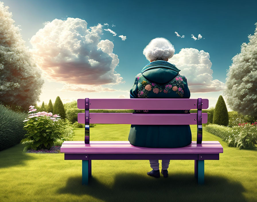 Grandmother sits on a bench and looks at the cloud