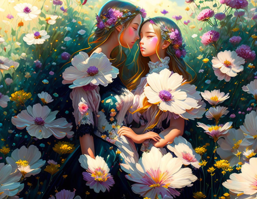 Two animated girls with floral adornments embracing in vibrant flower field