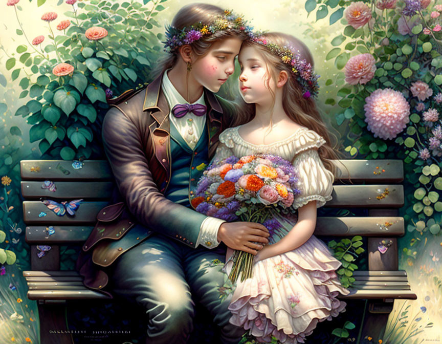Young couple on flower-adorned bench, man kisses woman's forehead, she holds bouquet