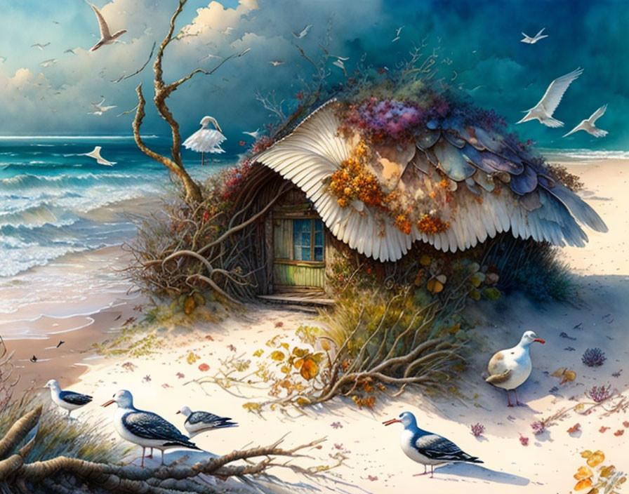Seaside Cottage with Thatched Roof, Flowers, Seagulls, Stormy Sky
