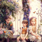 Children sitting on bench with flowers and butterflies.
