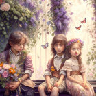 Three children on bench in magical garden with butterflies