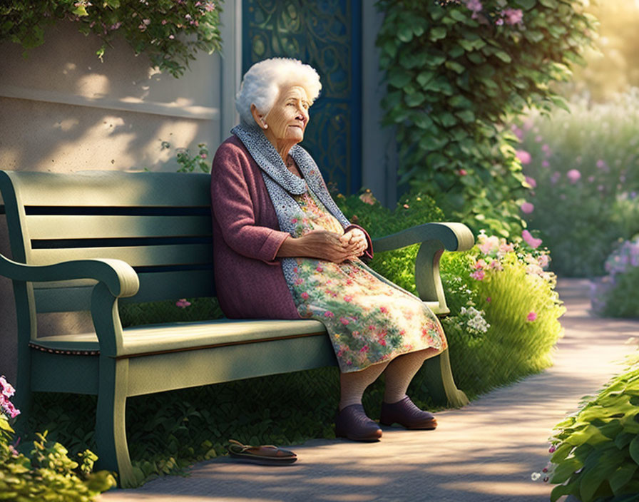 Grandmother sits on a bench near the house