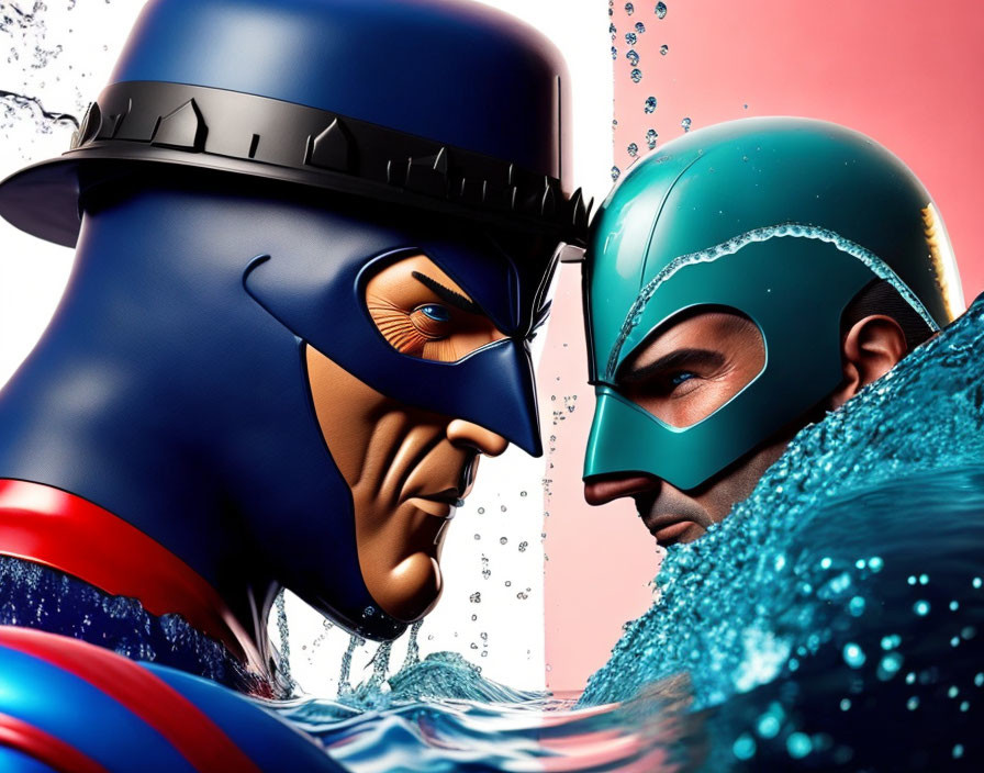 Stylized superhero characters with water splash effect