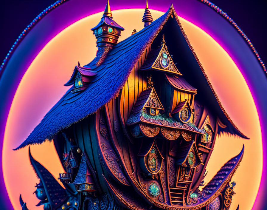 Fantastical Gothic house with neon colors on gradient background