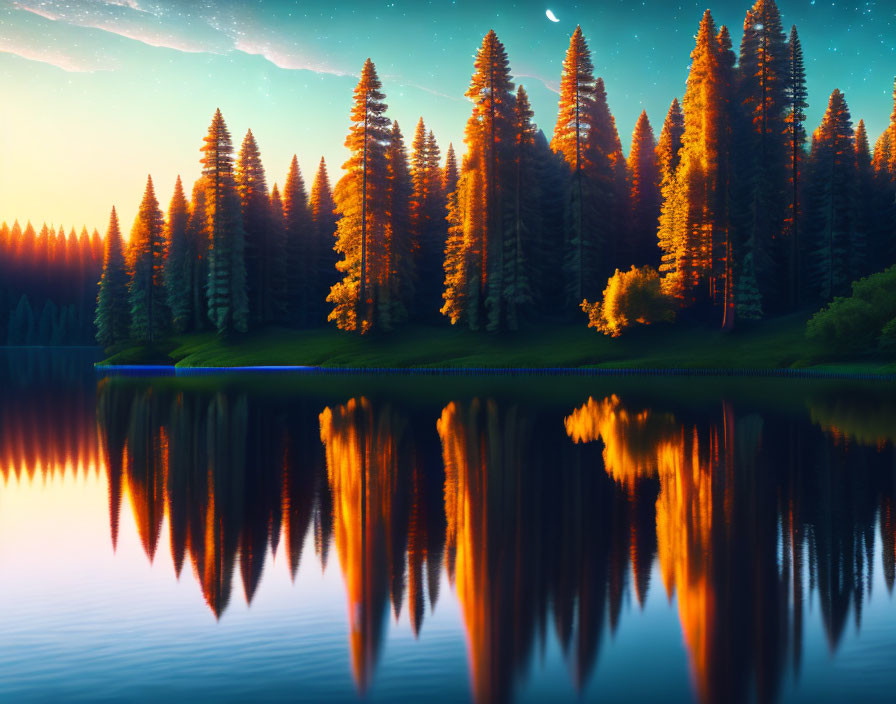 Tranquil twilight landscape with evergreen trees, calm lake, sunset glow, and crescent moon