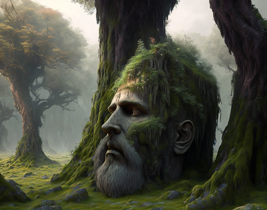 Mystical forest with giant man's face formed by ancient tree trunks