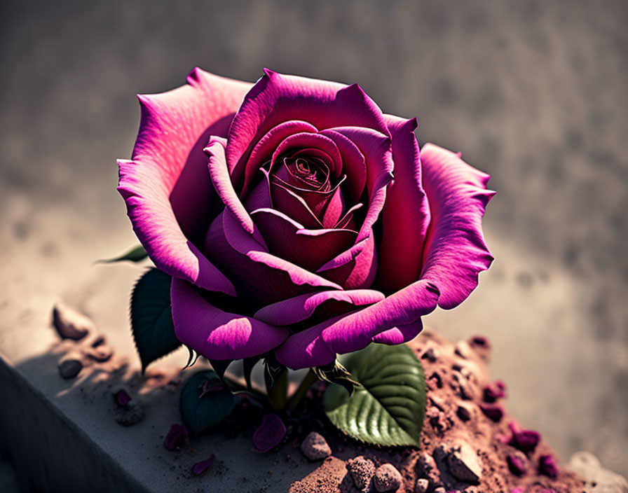 Vibrant pink rose with delicate petals on sandy surface.