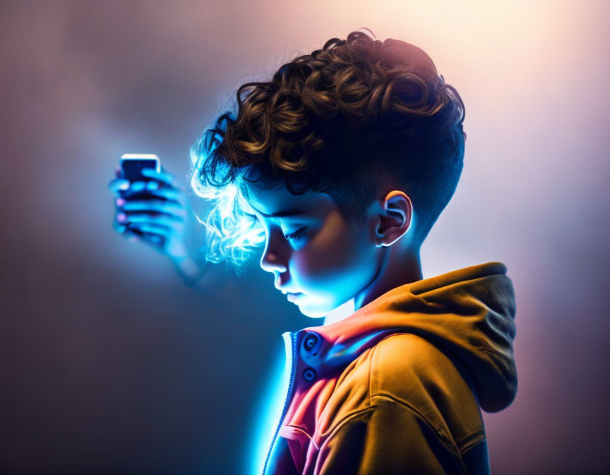 Curly-Haired Youth Looking at Glowing Smartphone in Dramatic Lighting