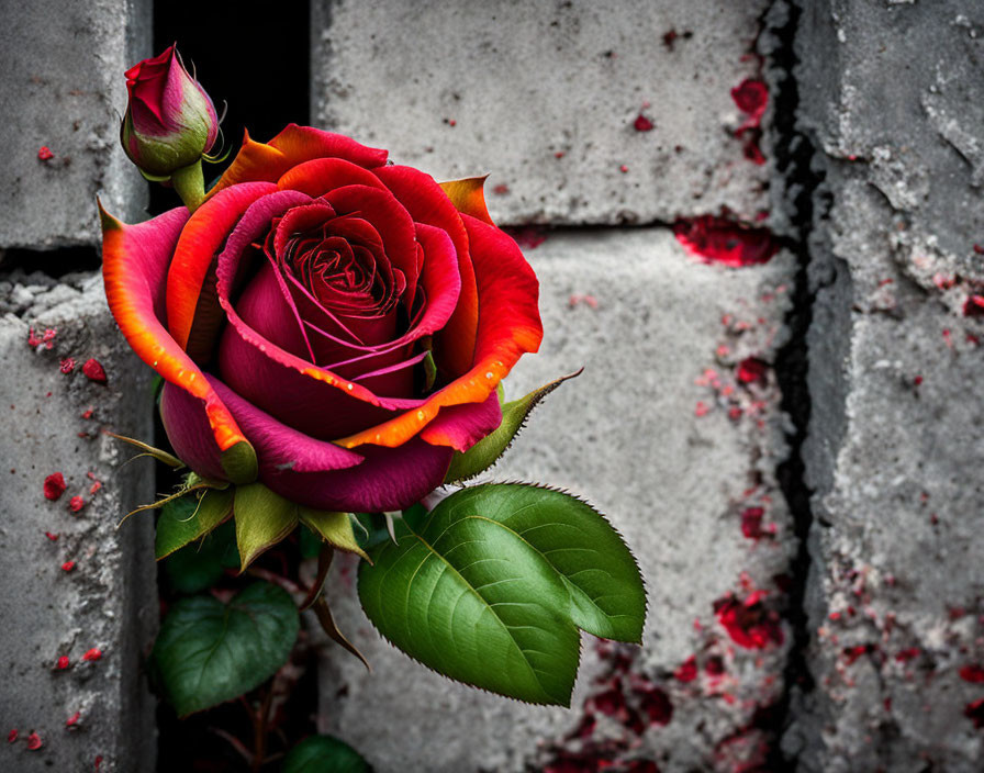Colorful red and yellow rose peeking through concrete wall with green leaves.