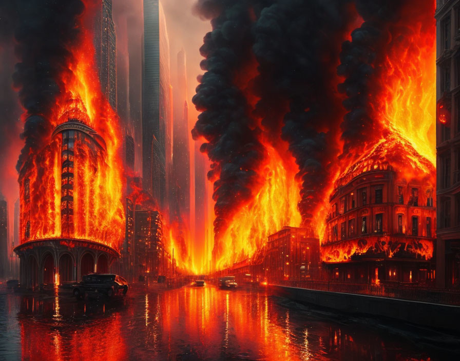 Dystopian city in flames with flooded street