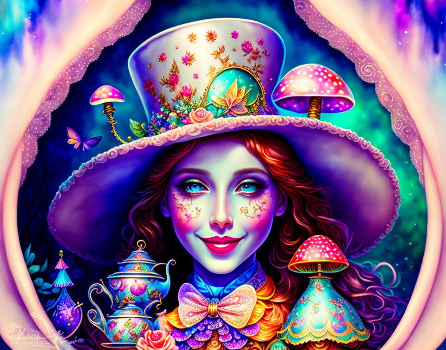 Colorful illustration of whimsical female character with floral hat and butterfly, amidst magical mushrooms and glowing motifs