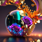 Ornate golden structure with blue and purple roses on gradient background