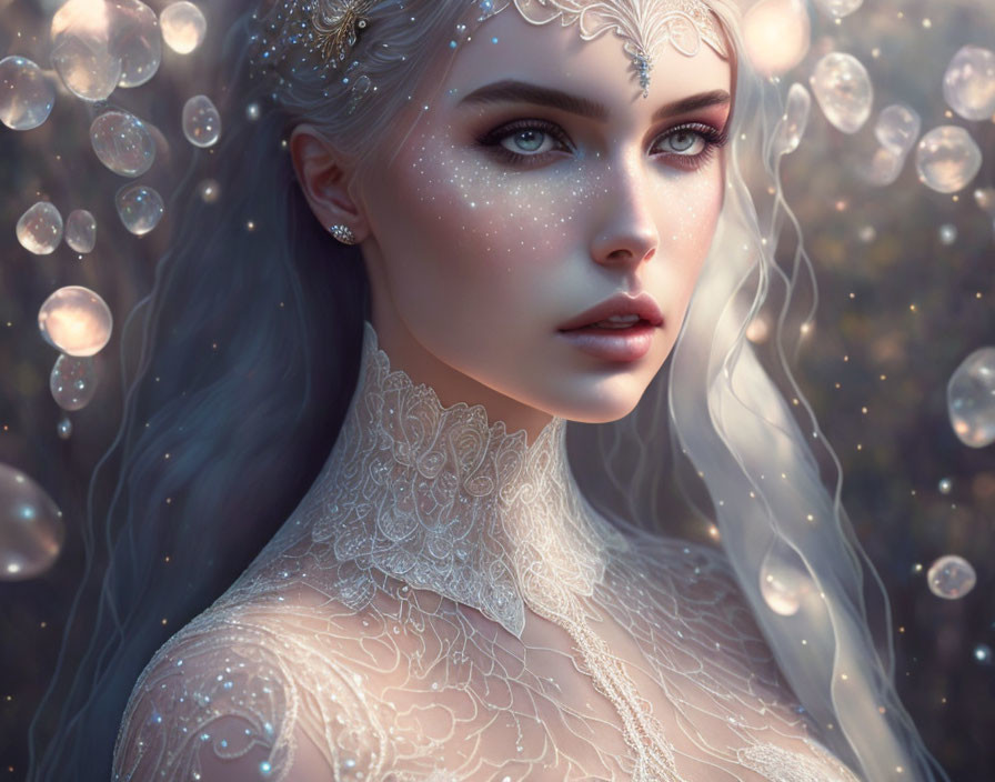 Serene woman with striking eyes in jeweled headpiece and lace garment, surrounded by luminescent