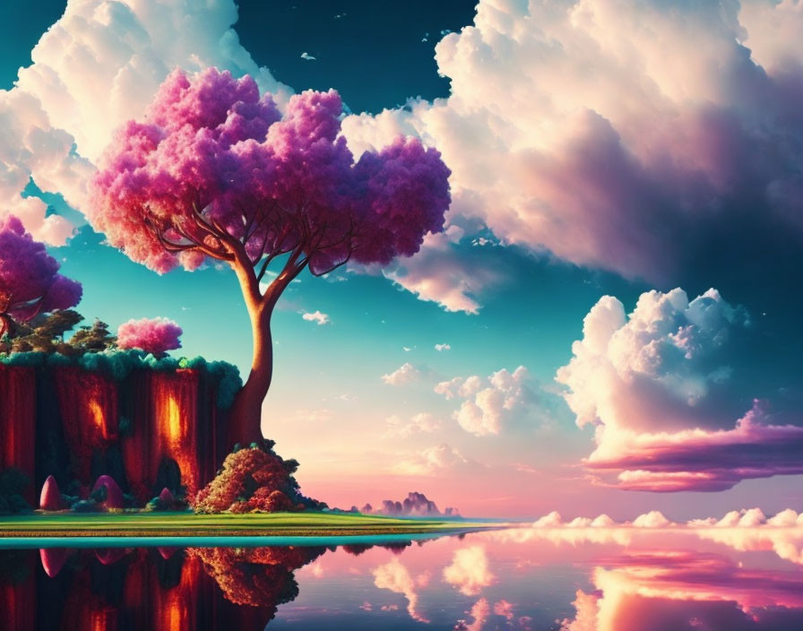 Colorful fantasy landscape with pink trees, waterfall, clouds, and reflective water at sunrise/sunset