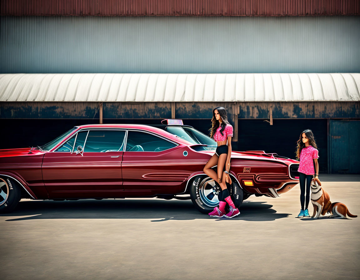 Woman, girl, and dog by classic red car under clear sky by warehouse.