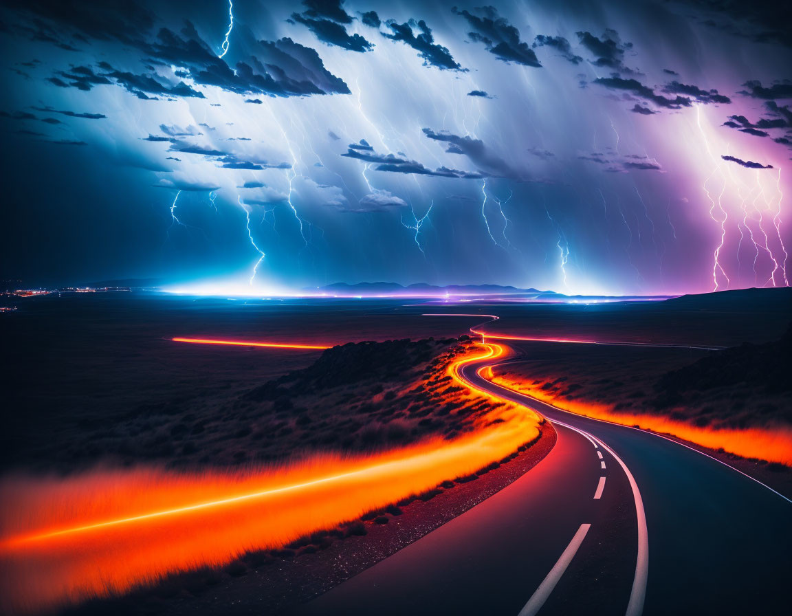 Twisting Road with Red Edges in Stormy Night Sky