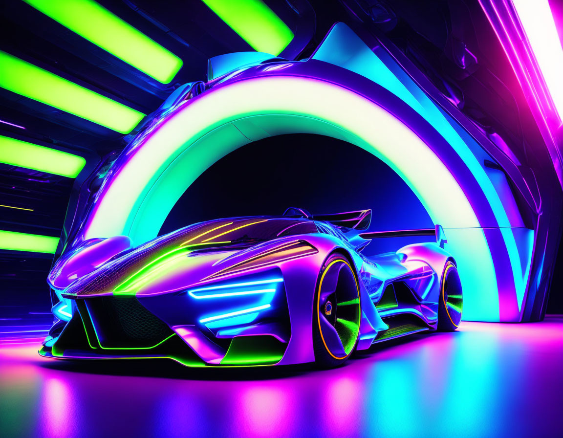 Futuristic sports car under neon-lit archway in vibrant colors