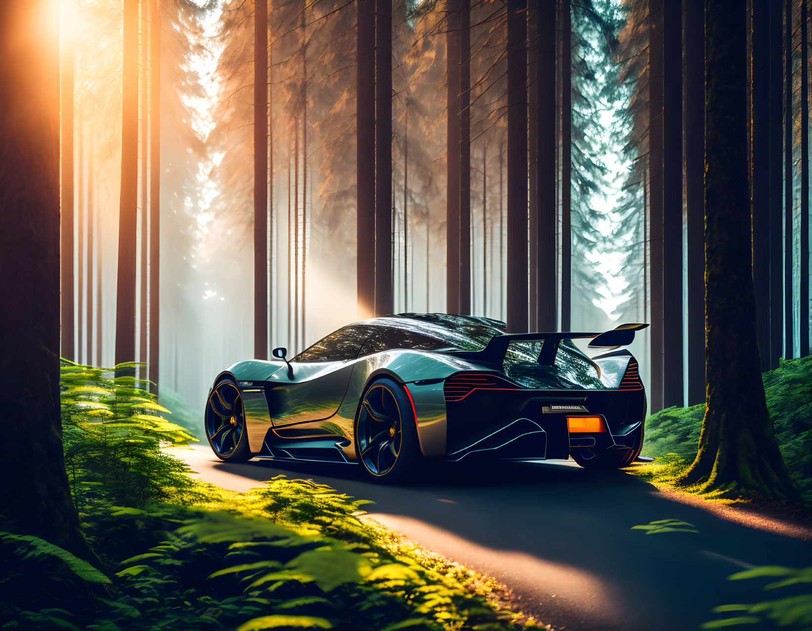 Luxury sports car parked in forest setting at golden hour