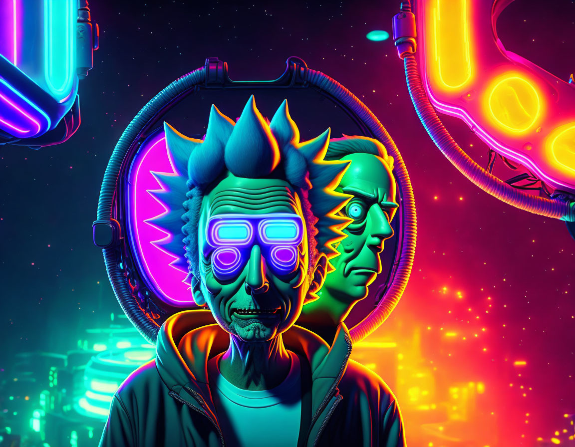Colorful digital artwork: stylized male faces, exaggerated features, neon lights, futuristic cosmic background