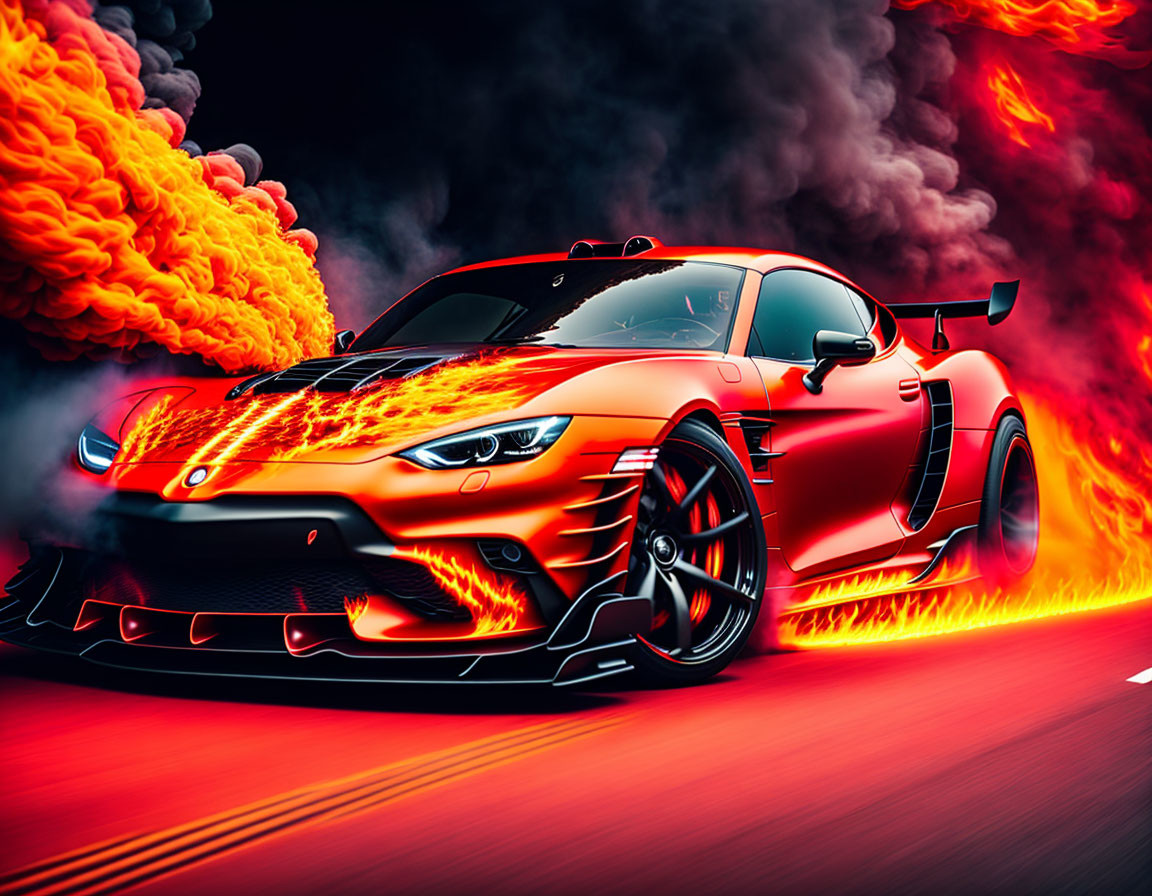 Modified sports car with orange flames design speeding on road with fiery smoke