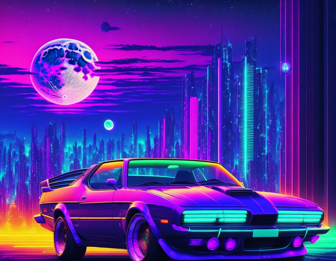 Vibrant retro-futuristic artwork: purple sports car, neon cityscape, multiple moons