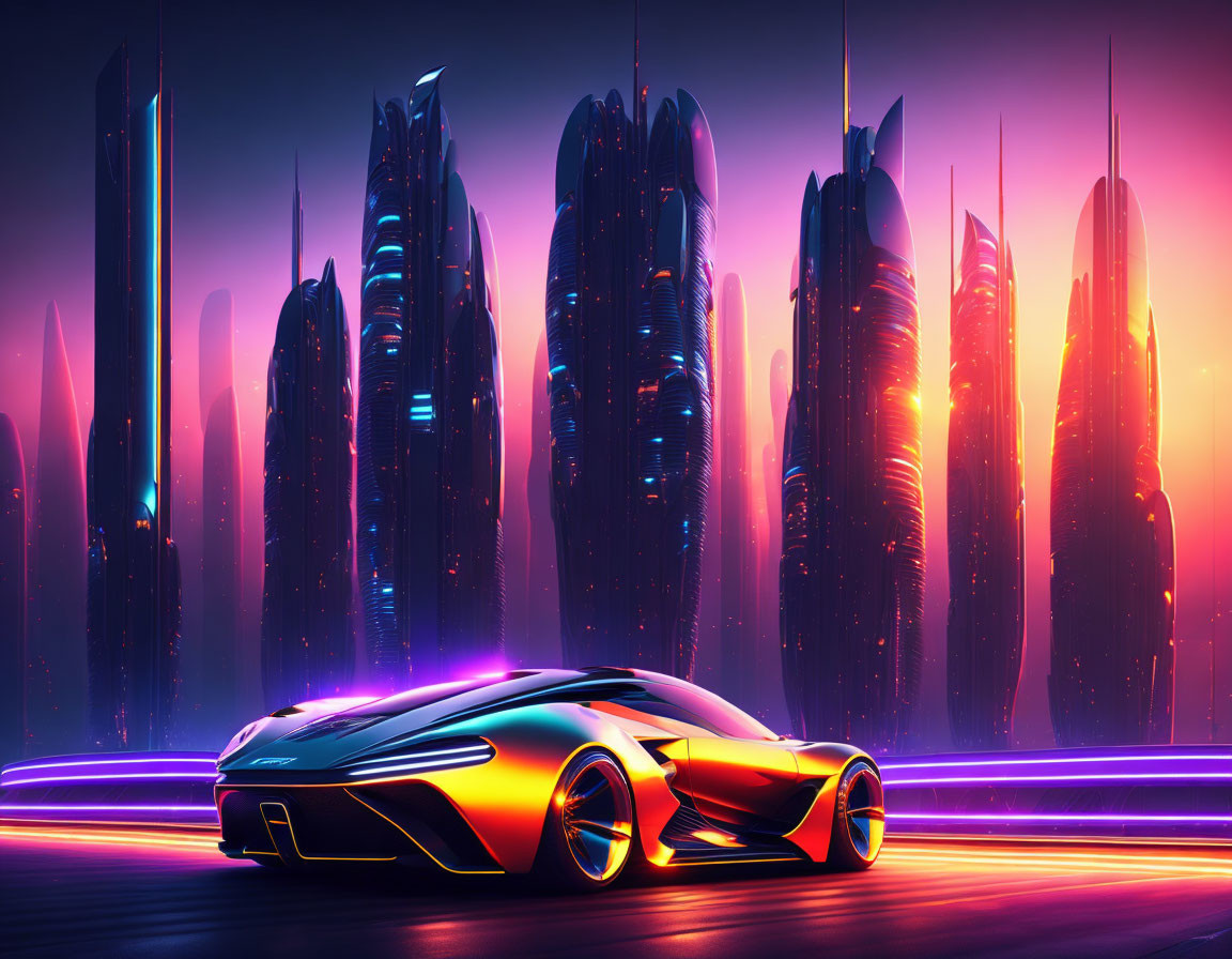 Futuristic sports car with glowing accents on neon-lit road