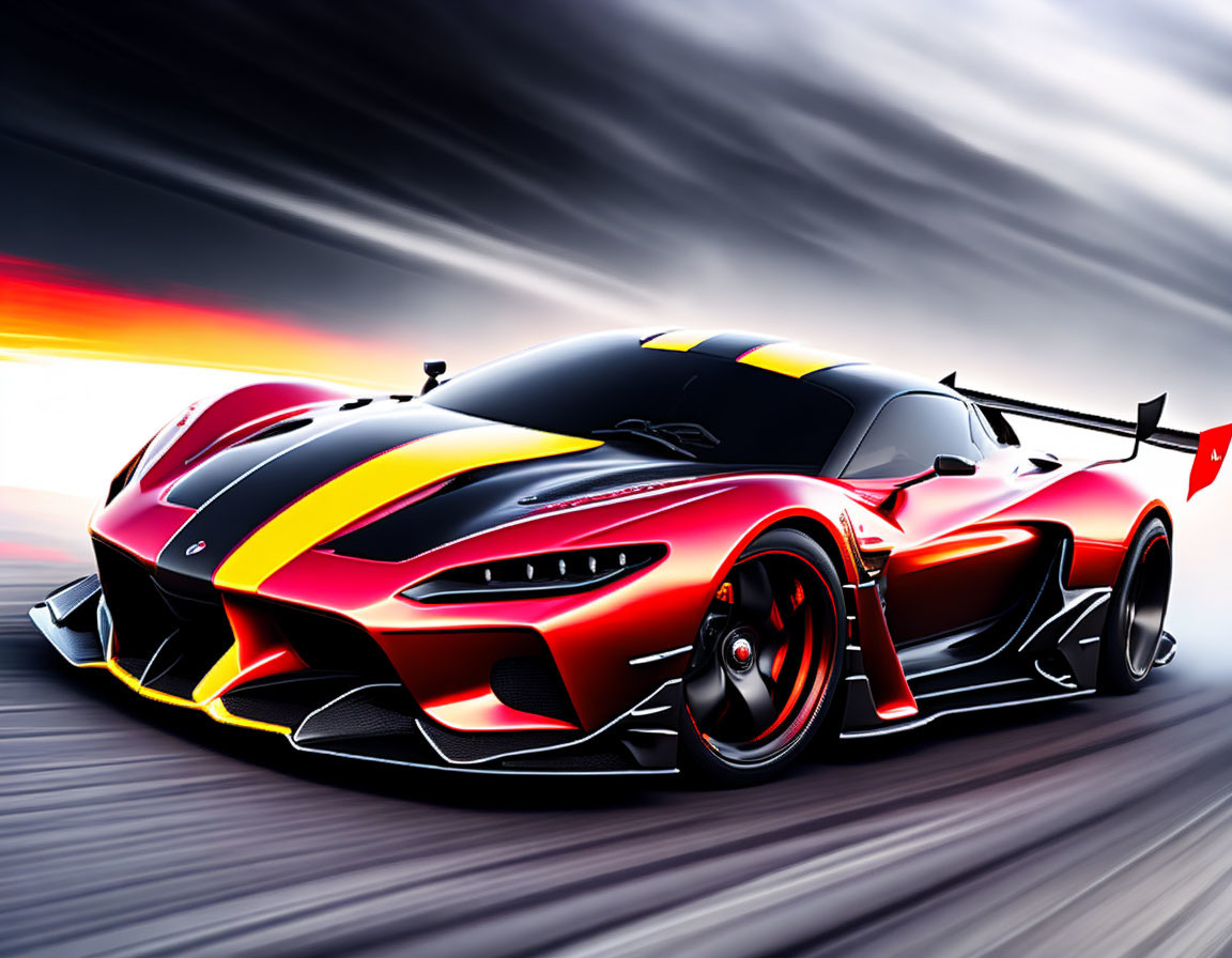 Red and Black Sports Car with Yellow Accents Racing in Blurry Background