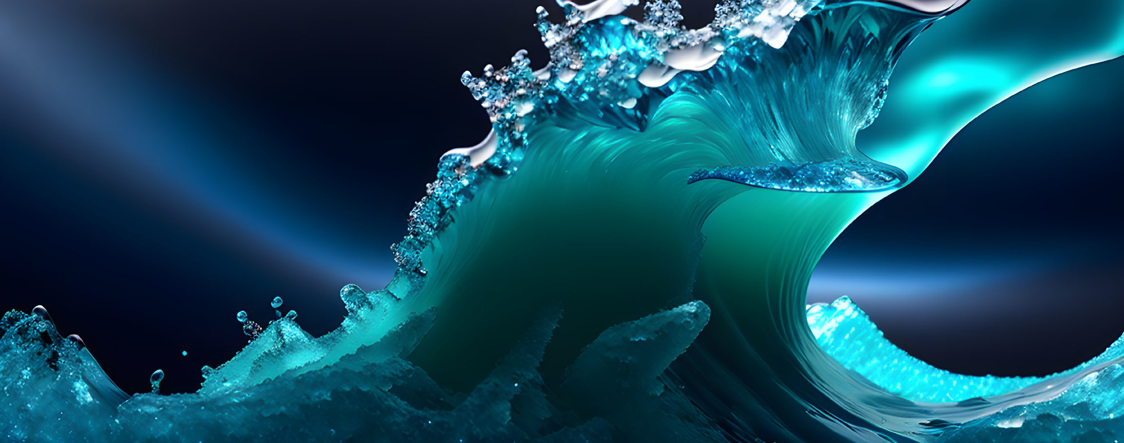 Dynamic Aqua-Colored Wave Artwork with Water Droplets on Dark Blue Gradient