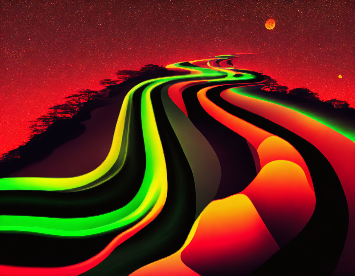 Abstract red and green paths under reddish moon and starry sky