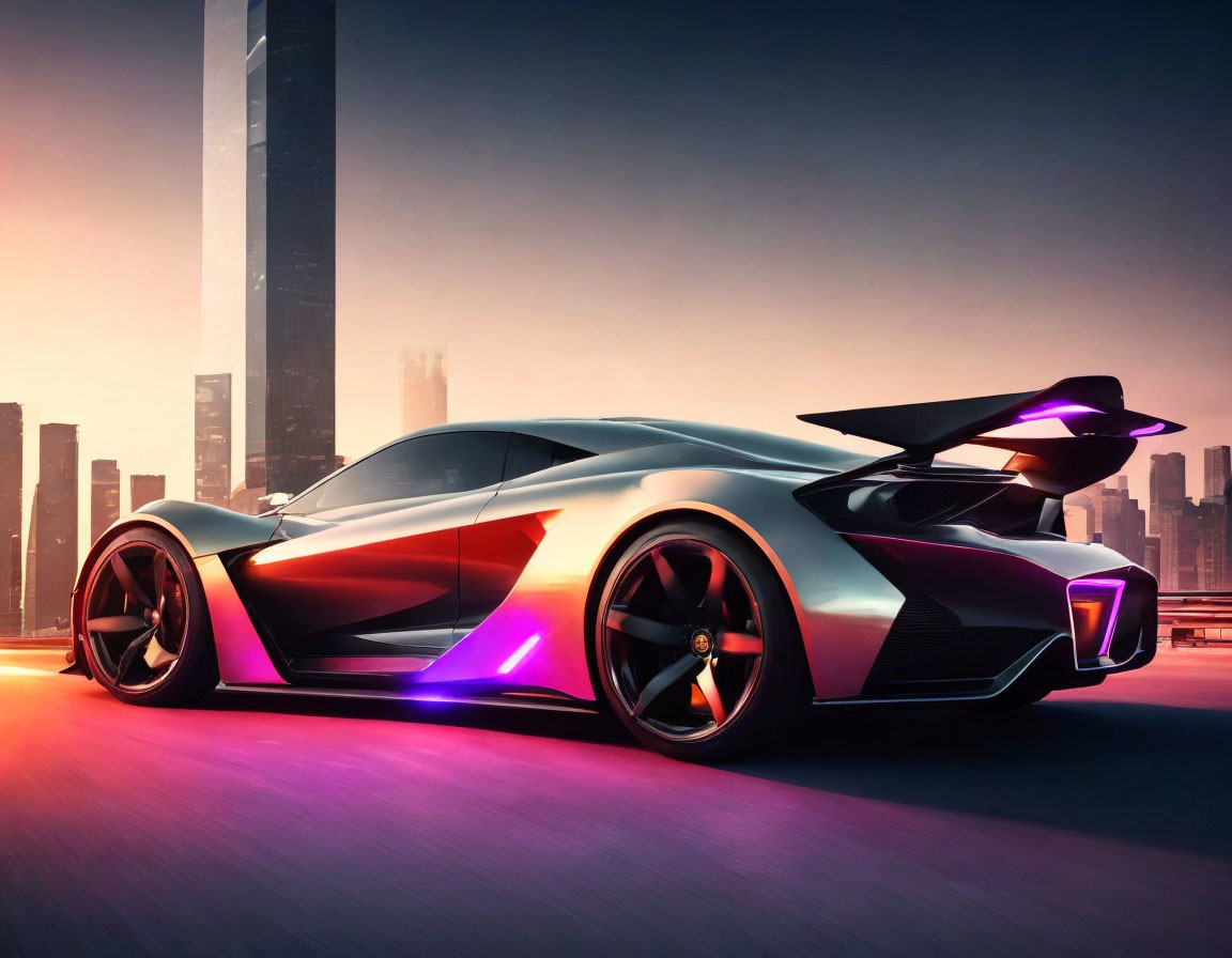 Futuristic sports car with rear spoiler in urban sunset scene