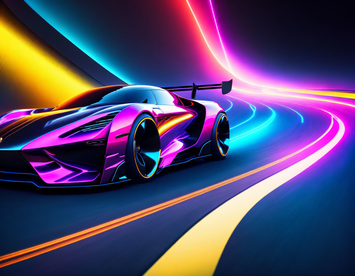 Futuristic sports car on neon-lit track with dynamic light trails