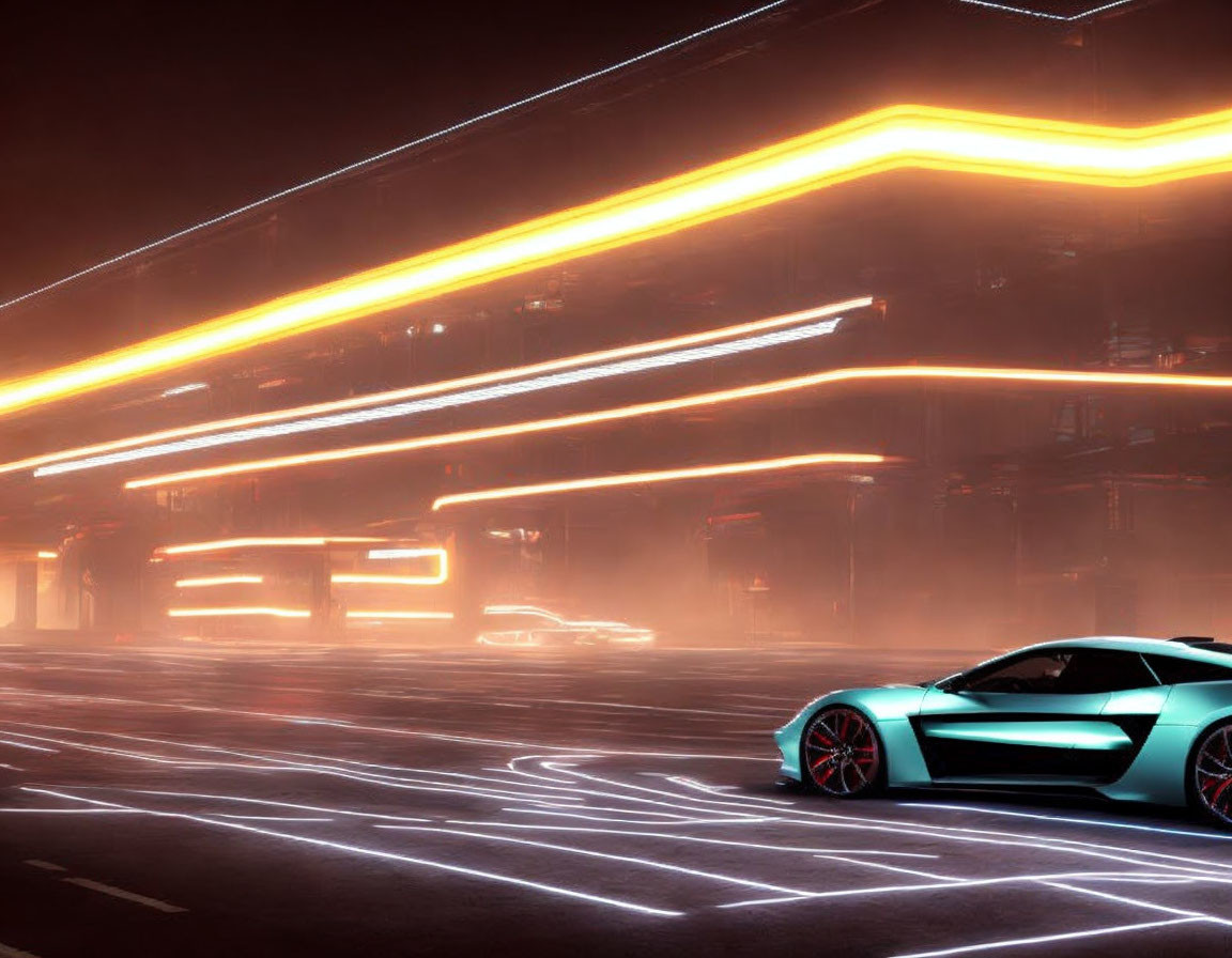 Futuristic car with neon lights in city night scene
